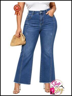 Plus Size Flare Jeans Raw Hem High Rise Wide Leg Denim Pants